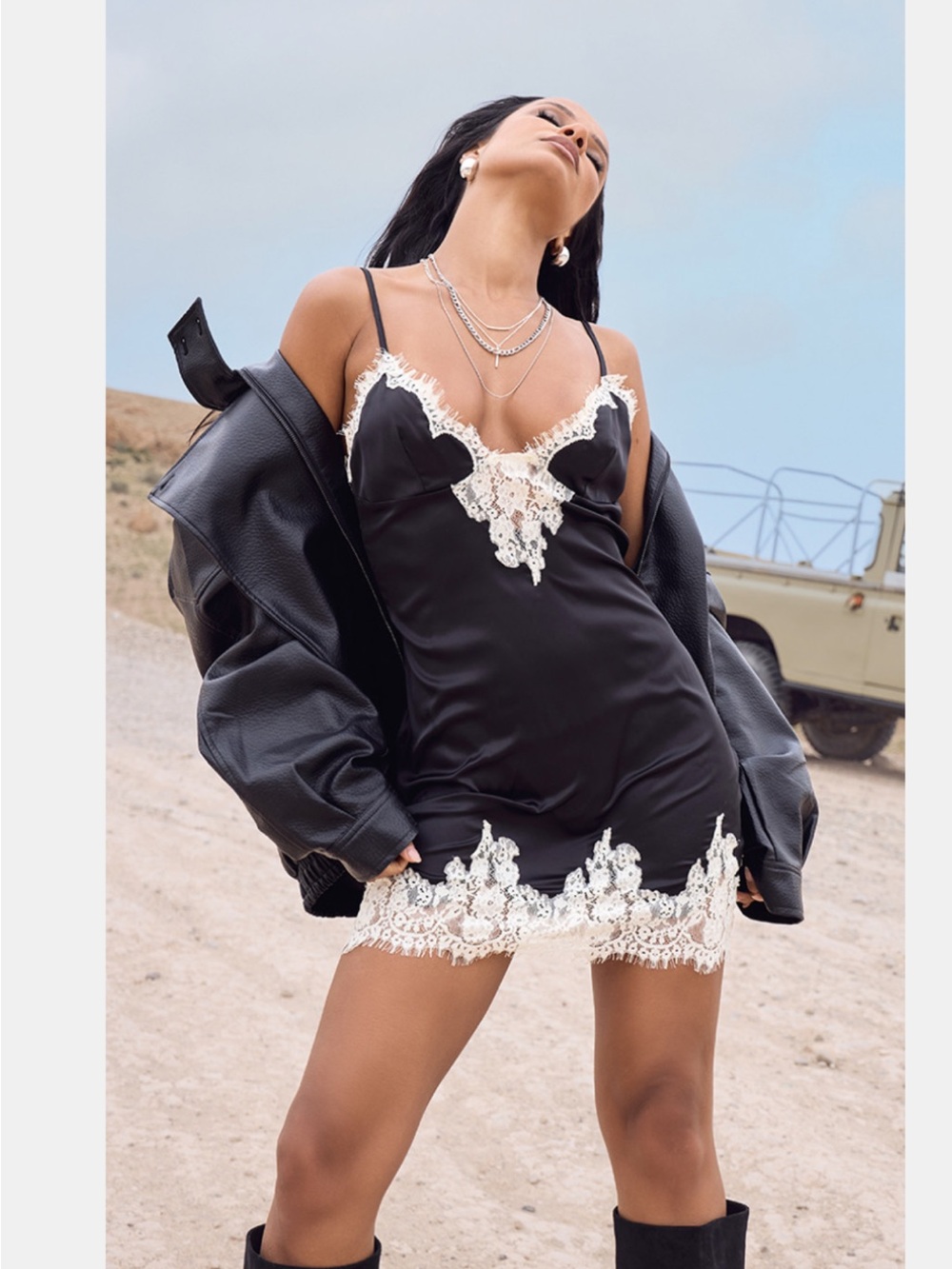 EGO Black Satin Slip Dress with White Lace Trim